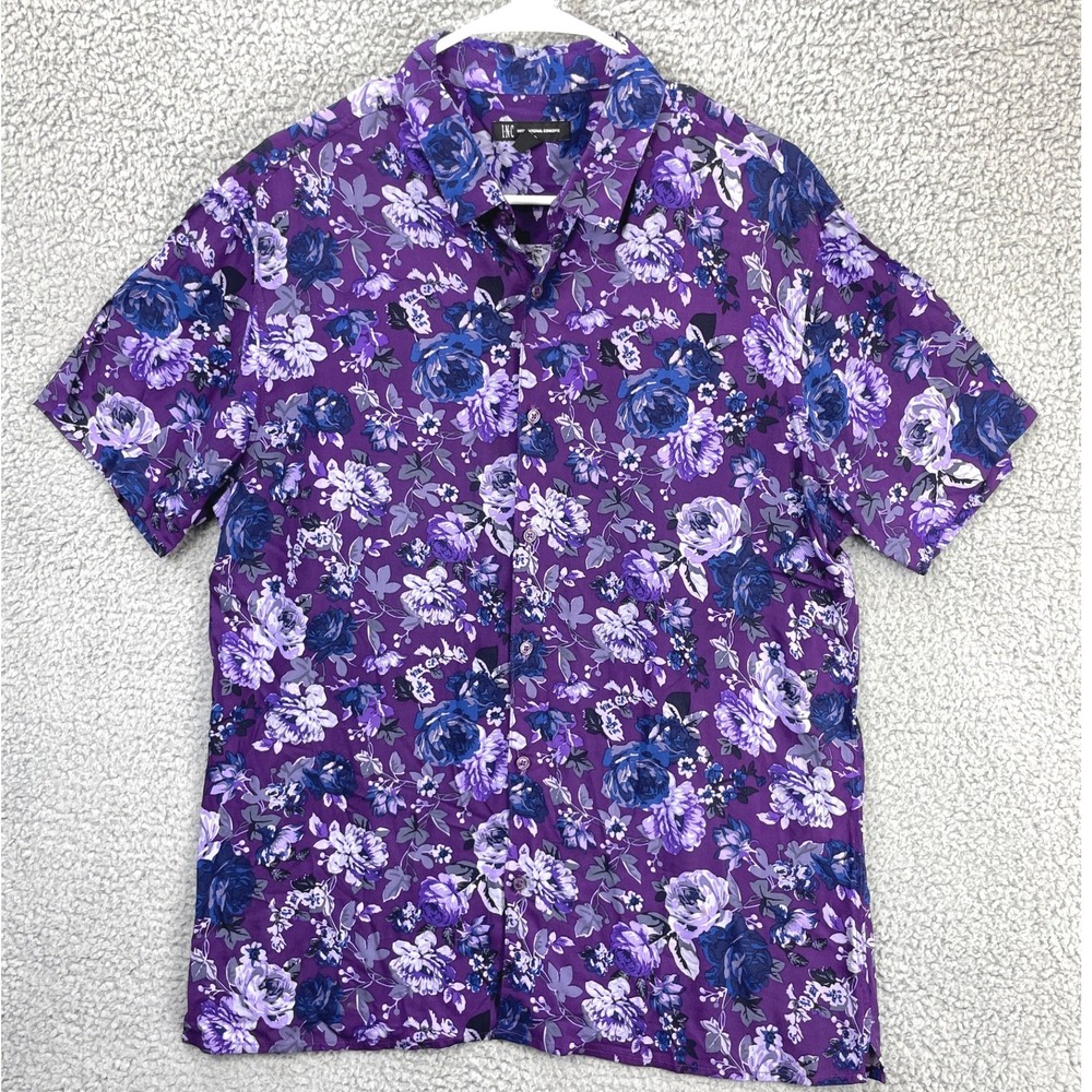 INC International Concepts Floral Short Sleeve Button Down Shirt Mens L Purple